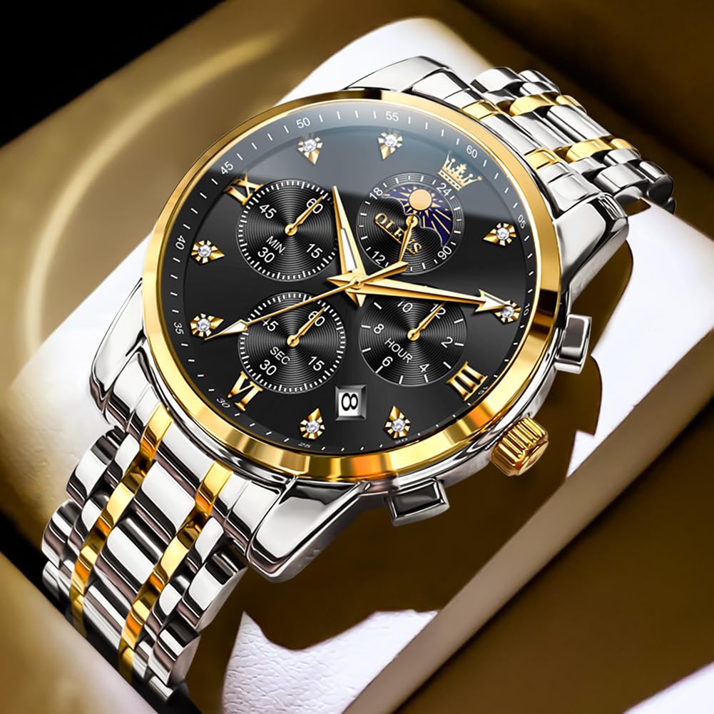 OLEVS Watch for Men Diamond Business Dress Analog Quartz Stainless Steel Waterproof Luminous Date Two Tone Luxury Casual Wrist Watch, silver black watches 3655, men watch