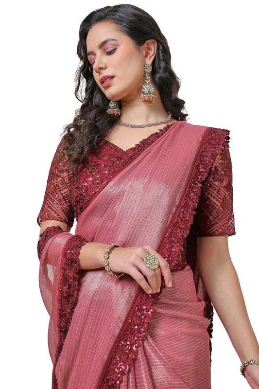 Soch Womens Onion Pink Chiffon Striped Saree with Sequin Lace Border