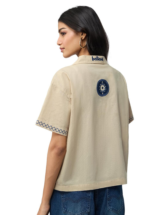 The Souled Store Cotton Linen: Believe Women and Girls Short Sleeves Collared Neck Button Front Beige Embroidered Oversized Fit Lightweight Casual Streetwear Boyfriend Shirts