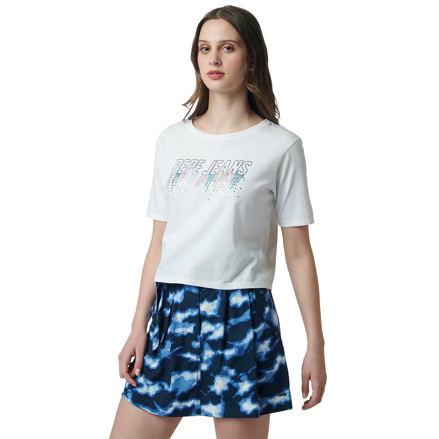 Pepe Jeans Embellished Cotton Round Neck Women's T-Shirt (White, Medium)