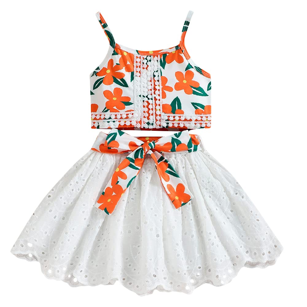 Hopscotch Polyester Girls Floral Print Slim Fit Blouseskirt Set In Orange Color For Ages 3-4 Years
