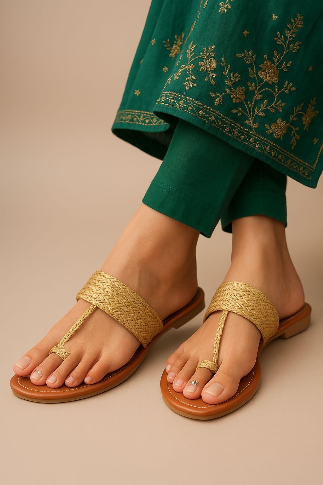 GLEMATOZ Women’s Kolhapuri Flats – Handwoven Golden Bunai Sandals with Toe Loop | Ethnic Slip-On Chappals for Casual & Festive EU38