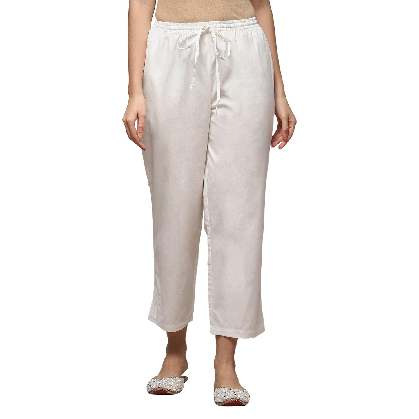 Biba Women's Solid Bottom Wear Regular Trousers (Bottom W14910_Off White_Large)