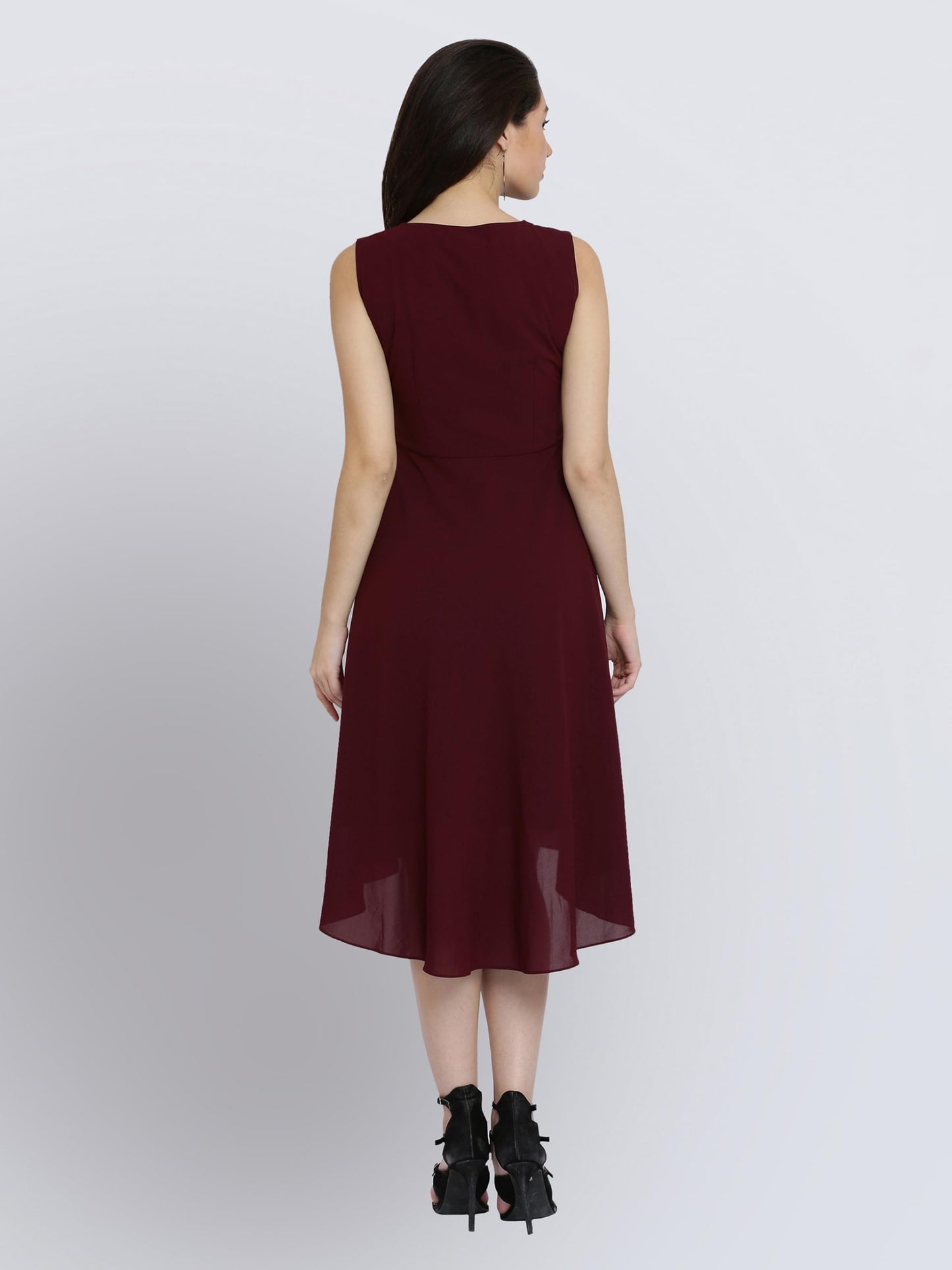 Miss Chase Women's Wine Red High-Low Midi Skater Dress(MCAW17D10-34-56-06_Wine Red_X-Large)