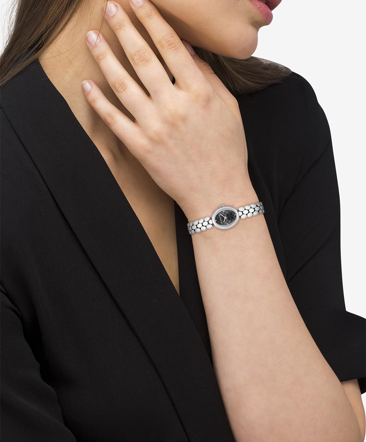Coach Sammy Qtz Basic Black Oval Dial Women's Watch|Stainless Steel Material|Silver Color Band - 14504420