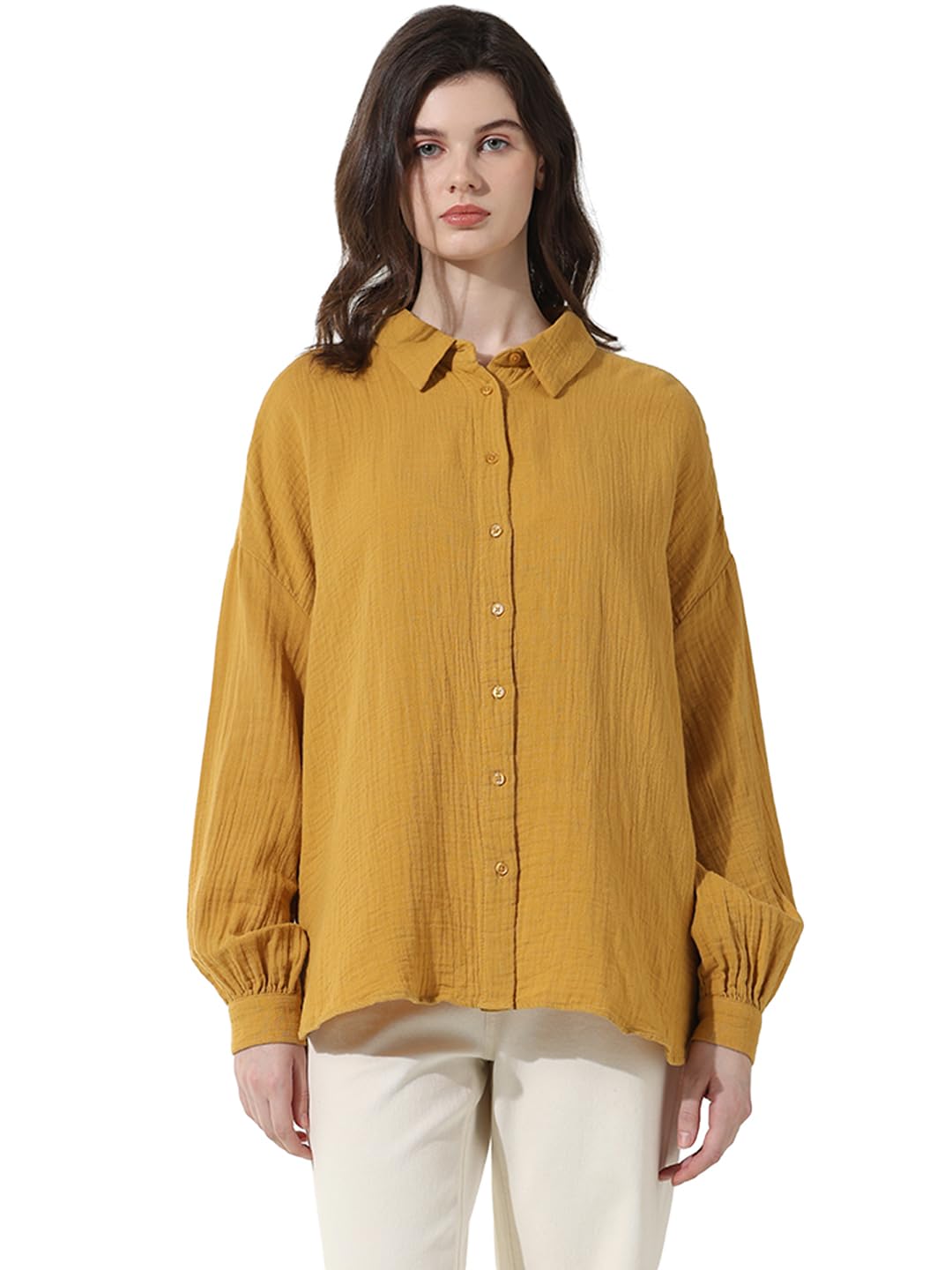 ONLY Women's Solid Oversized Fit Shirt (15334564-Harvest Gold_Harvest
