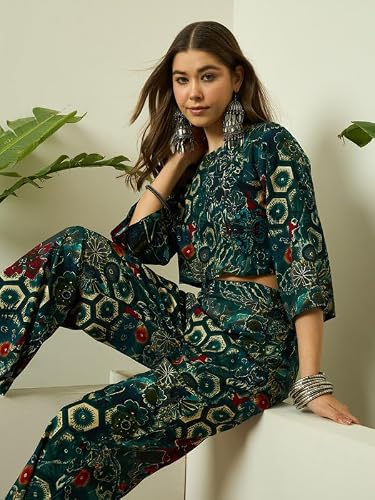 InWeave DARK TEAL FOIL TOP NARROW PANT SET