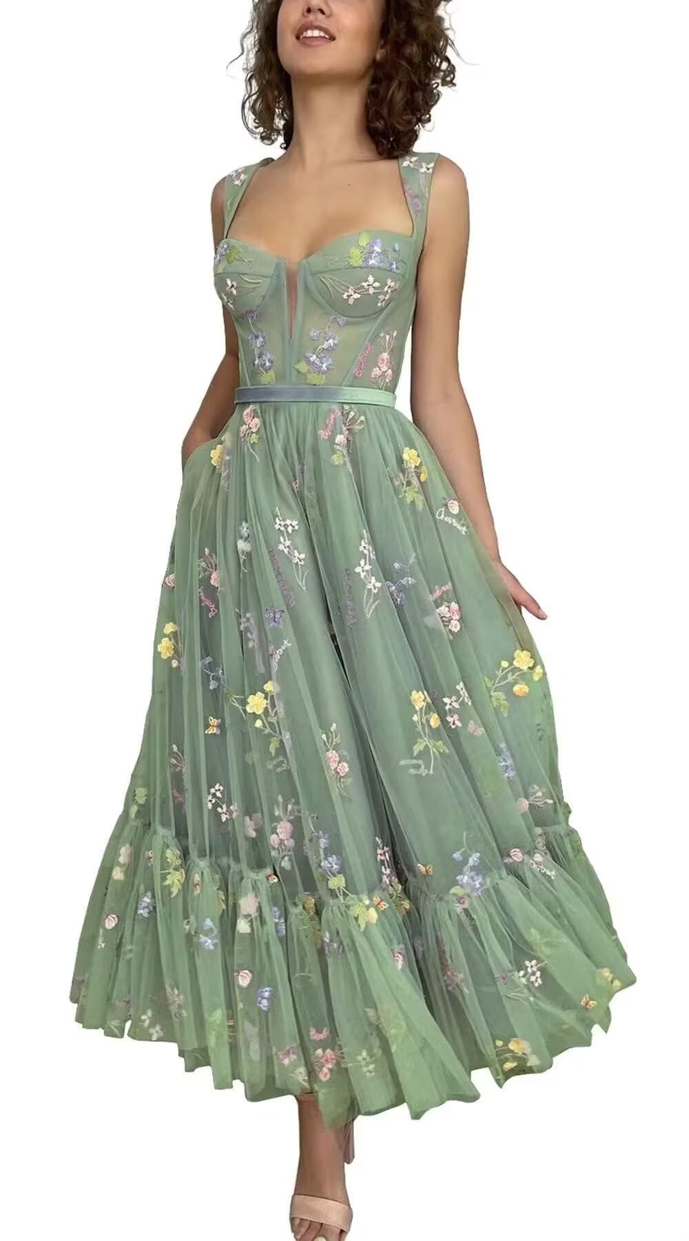 Fivsole Women's Midi Floral Prom Dresses Flower Embroidered Short Formal Tulle Evening Party Gown, Green-c, 6