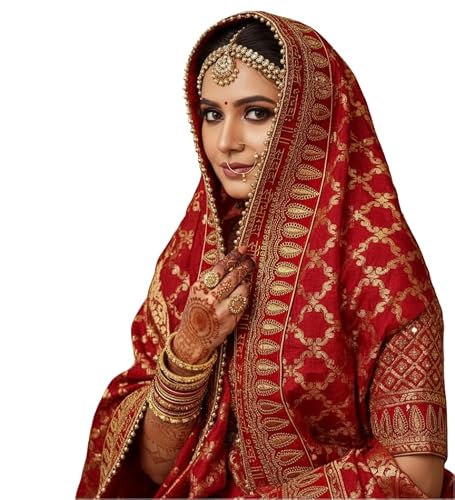 Navti Creations Women Wedding Bridal Red Dupatta In Banarasi Silk With Sada Saubhagyawati Bhaw Embroidery Border (2.25M) & 4 Side Moti Lace