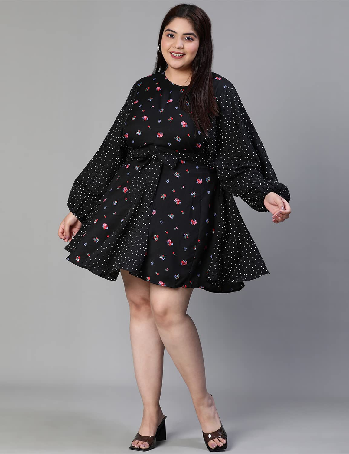oxolloxo Women Plus Size Floral Print Tie-Knotted Round Neck Black Dress