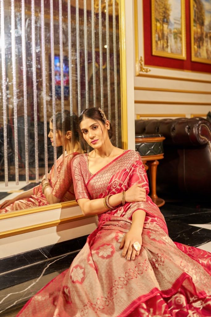 MADHUHANSH Womens Organza Plain Saree with Patola Printed Solid Pattern 6 Yard Length and Unstitched Blouse Piece