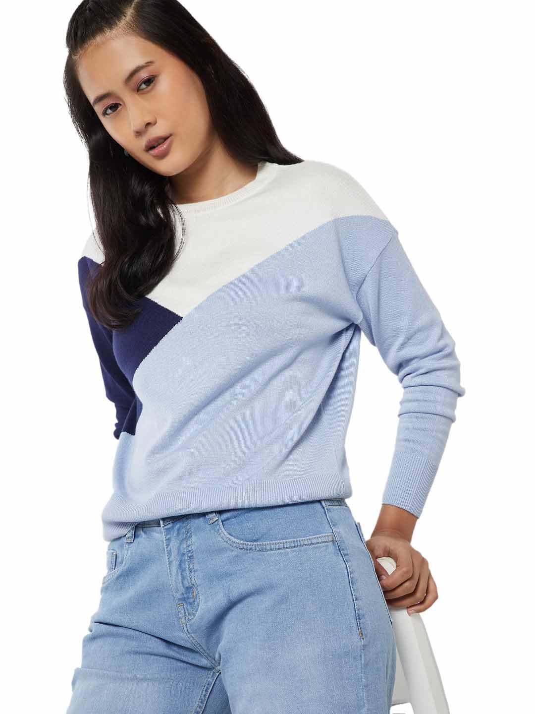 Max Women Colourblocked Sweater (Blue_S)