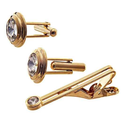 Lucky Jewellery Unique Men Jewelry White Stone Gold Plated Sleeve Button Formal Cuff Button Wedding Shirt Button, Suit, Blazer Cufflinks with Matching Tie Pin Gift Set for Men (307-M4C5-CR10MMT-W)