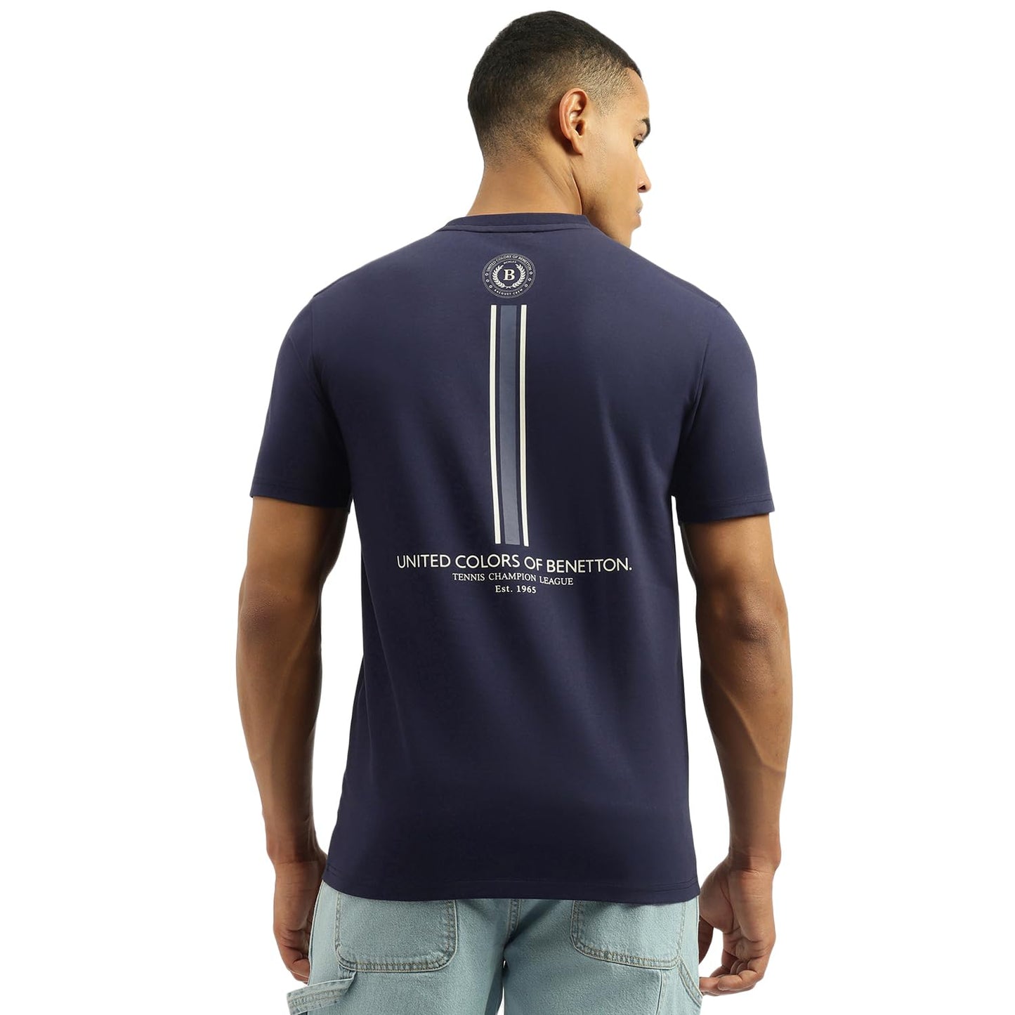 United Colors of Benetton Relaxed Fit Crew Neck Gradation Argyle T-Shirt (Size: 3XL)-25A3E99J3304I252 Blue