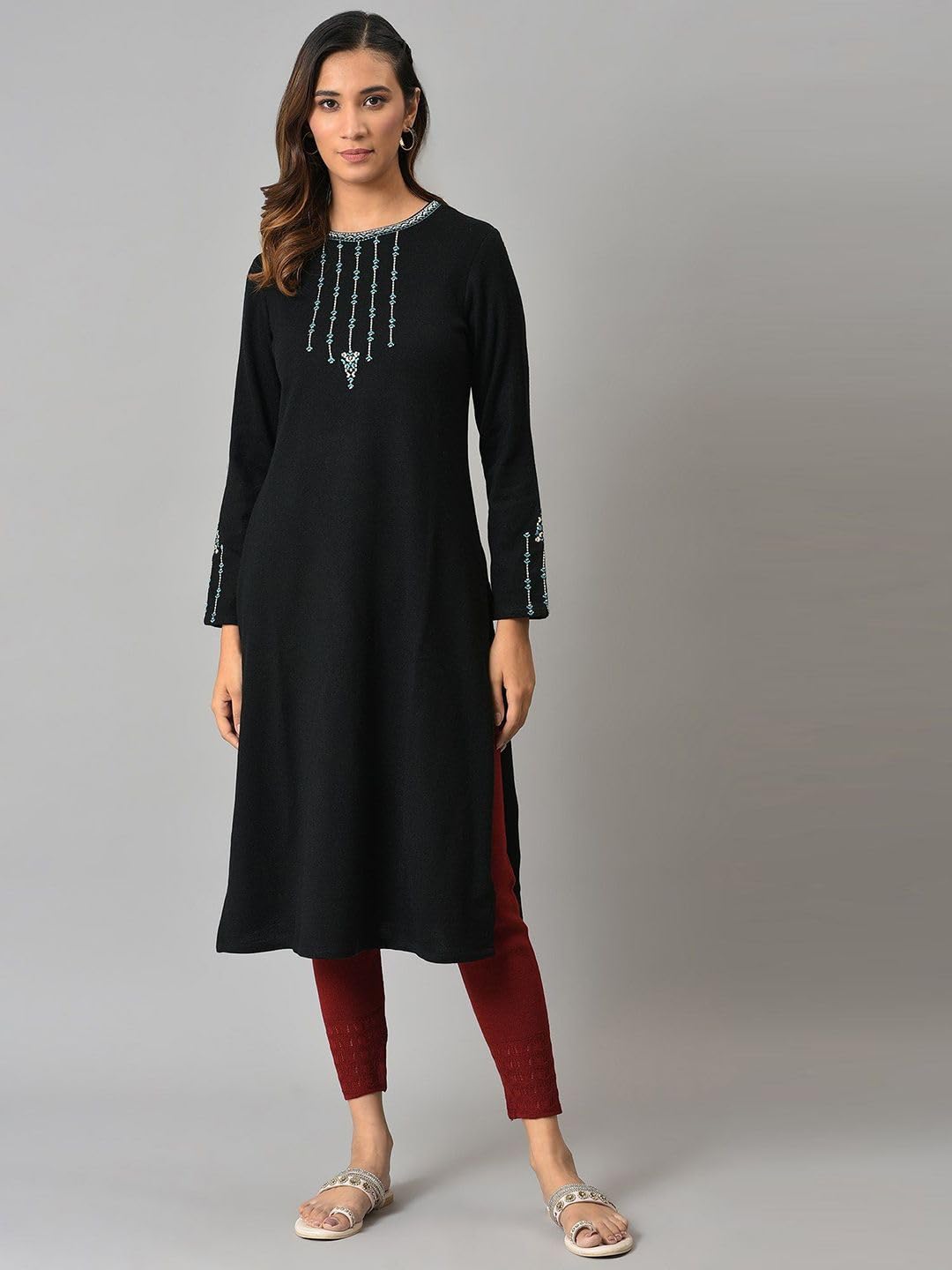 W for Woman Red Winter Knitted Leggings (Size: L)-24NOW62081-217480