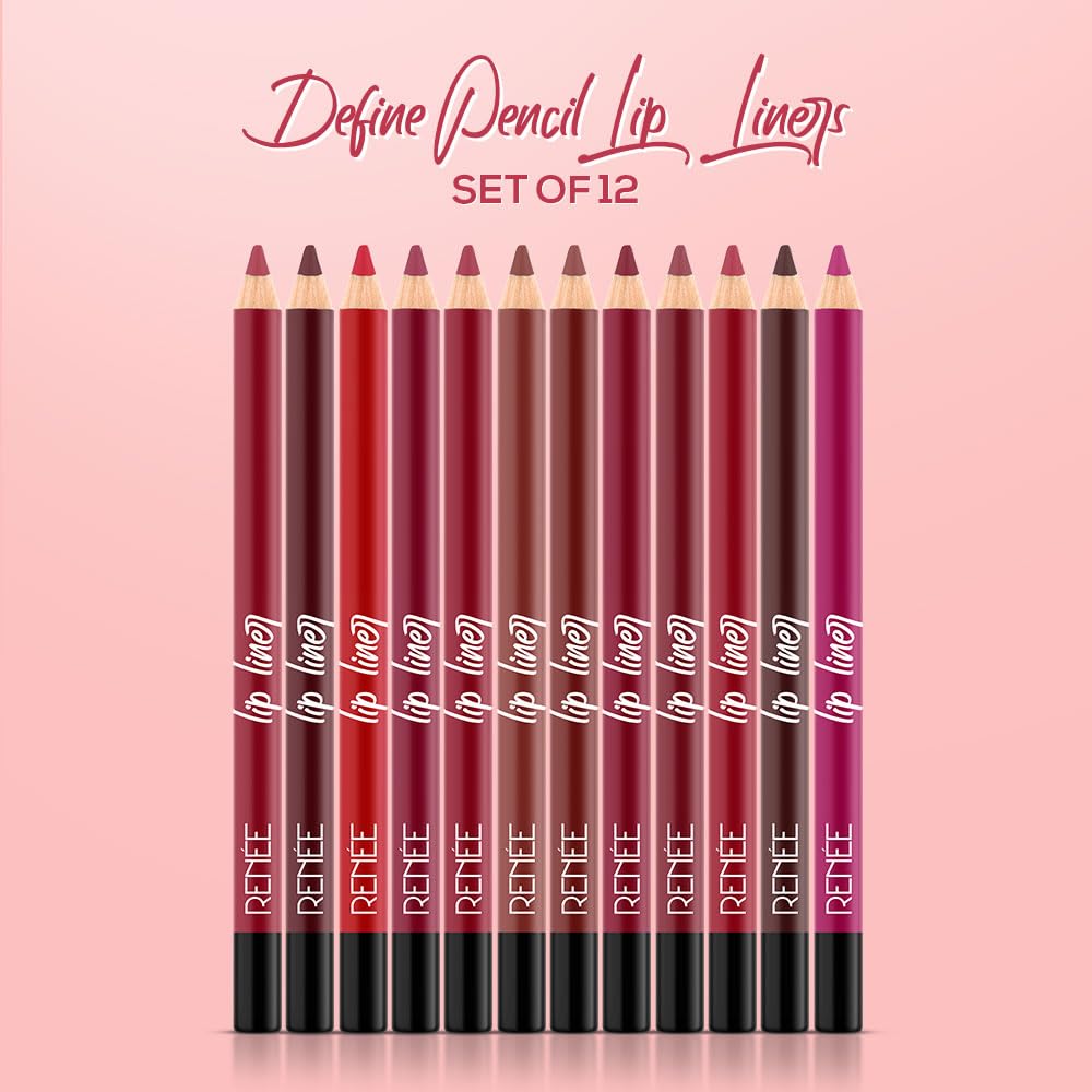 RENEE Define Matte Lip Liner, Long Lasting & Smudge Proof, Full Coverage, Intensely Pigmented, Easy Glide Formula, Vitamin E & Castor Oil Infused, Set of 12
