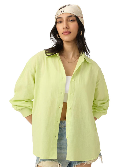 The Souled Store Solids: Lime Women and Girls Loose fit Full Sleeve Cotton and Linen Yellow Color Women Boyfriend Shirts