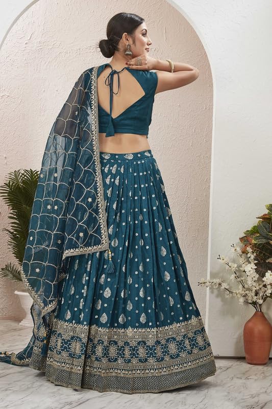 Samprag Jaquard Lehenga Choli Set for Womens | Sleevless | V Neck |Ideal for Wedding & Party Occassions | Blue | M