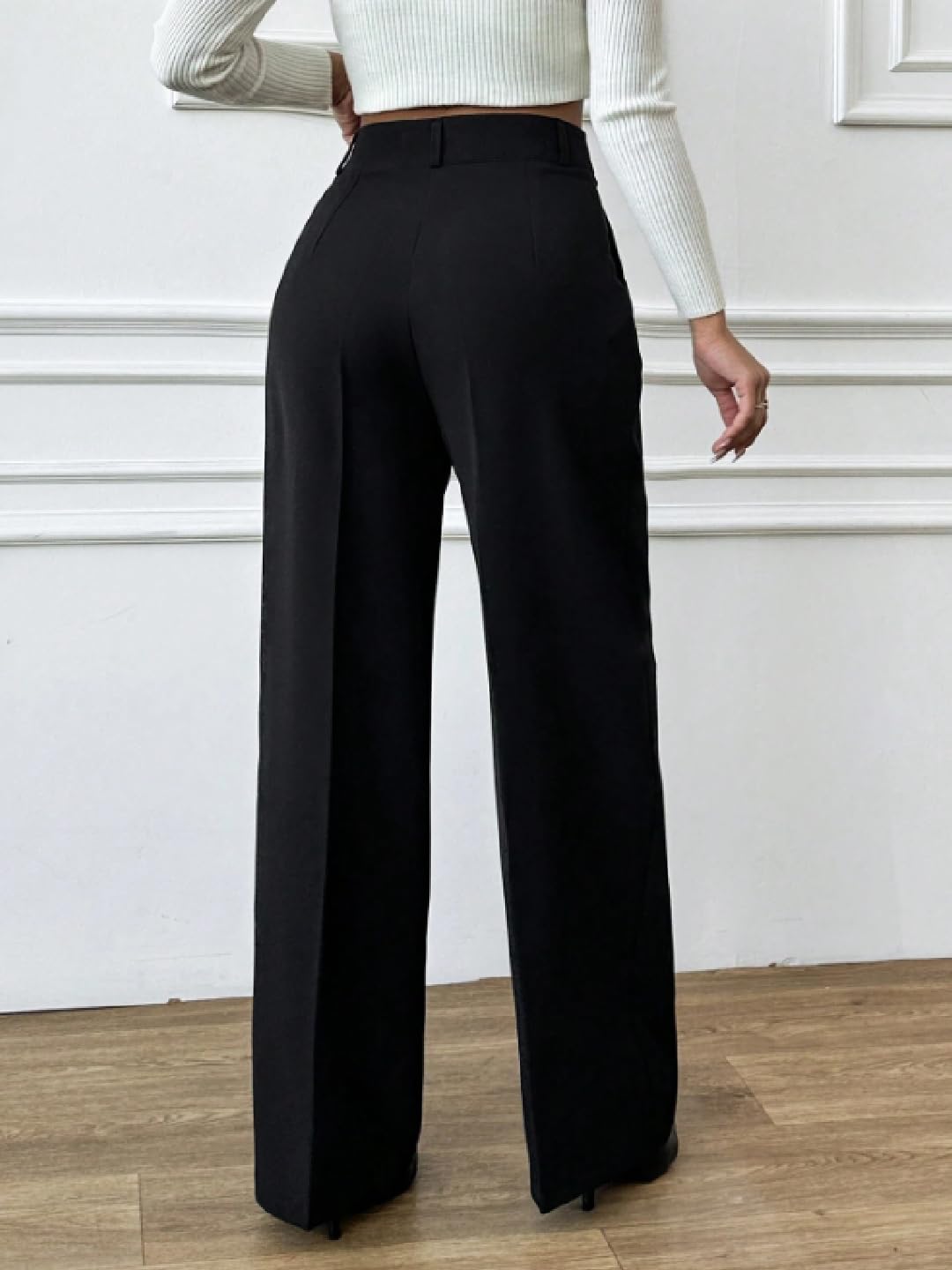 OOMPH! Women's High-Waisted Pant | Wide Leg Trousers | Korean Style Stretchable Trouser Jet Black