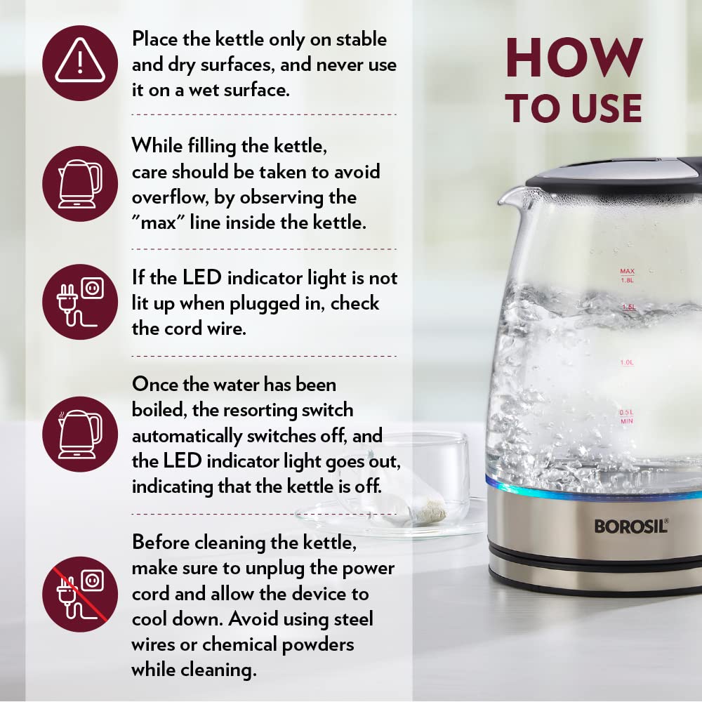 Borosil Electric Glass Kettle, Borosilicate Glass, Extra Long Cord, Dry-Boil Protection, 360° Rotating Base, 1.8 L, Transparent, 1500 Watts
