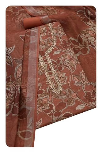 Soch Womens Earth Linen Floral Unstitch Dress Material With Beads And Stones