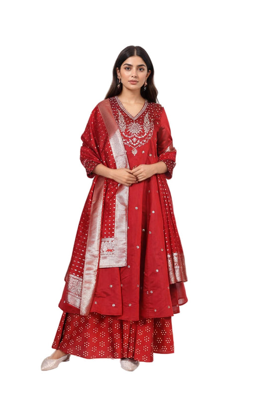 W for Woman Red Bandhni Embroidered Anarkali Jacquard Kurta with Sharara and Dupatta Set (WS13168-224094-3XL)