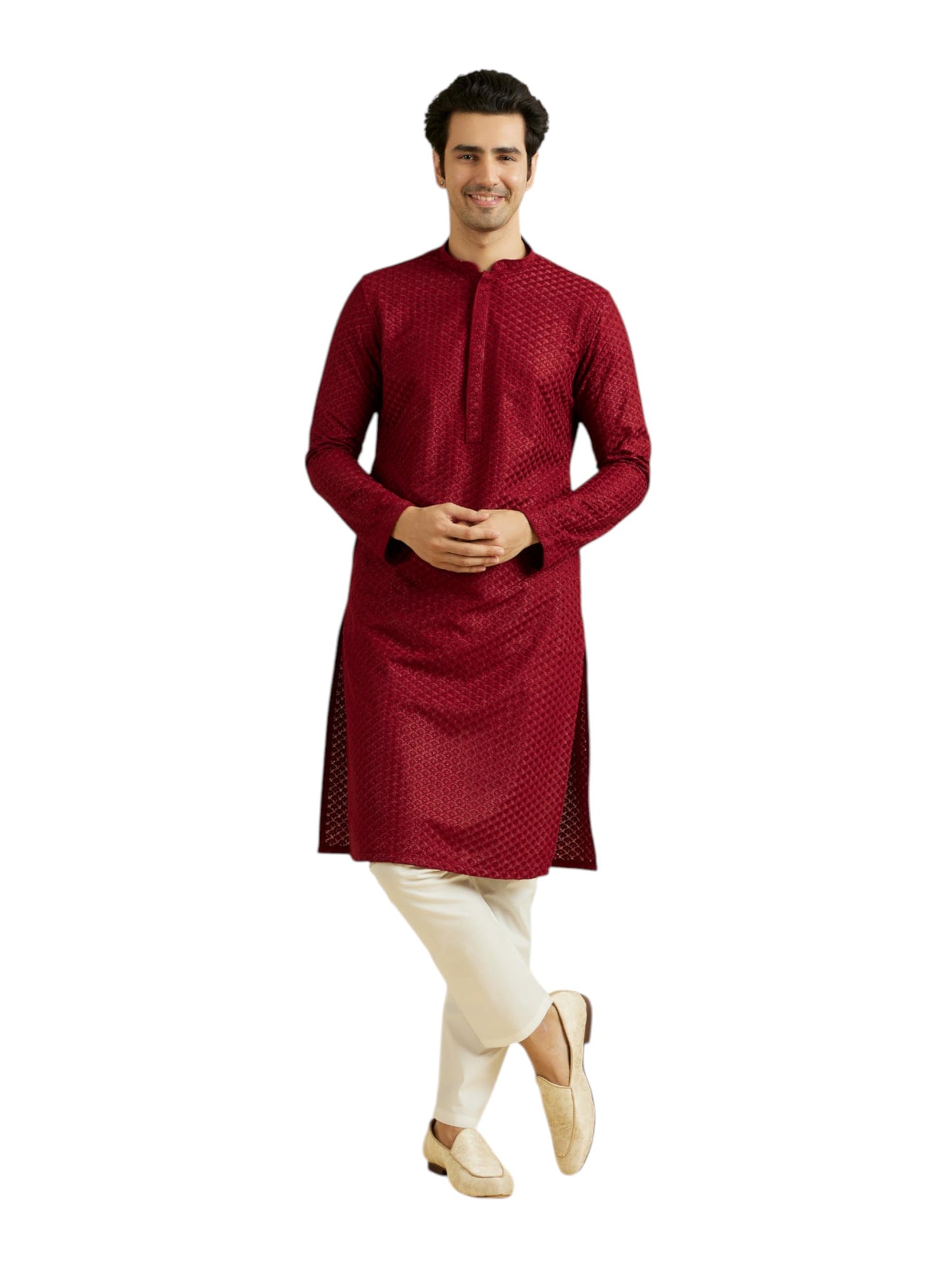 Manyavar Men's Cotton Blend Embroidery Kurta Pyjama Set (2pcs)
