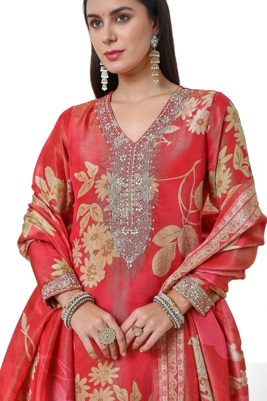 Soch Womens Orange Tissue Floral Print Suit Set with Dupatta