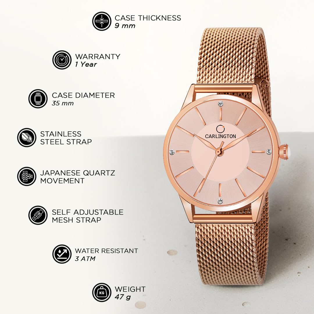 Carlington Stainless Steel Analog Dial Women & Girl's Watch - Rose Gold Dial and Band