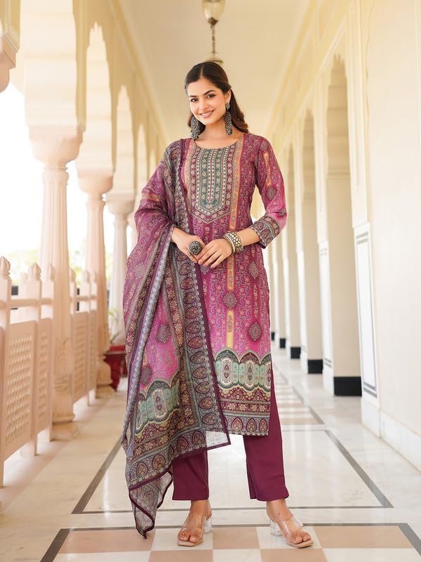 Vaamsi Women's Purple Rayon Printed Straight Kurta Pants With Dupatta Set | Festive Straight Kurta Set For Women | Printed Salwar Suit For Women (SKSKD3057, 4XL)
