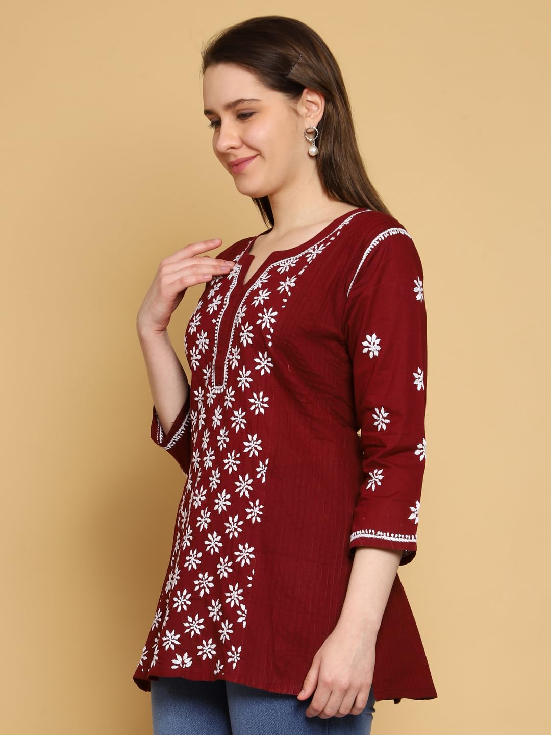 Ada Hand Embroidered Lucknowi Chikankari Maroon Cotton Short Kurti Top for Women A911295 (M)