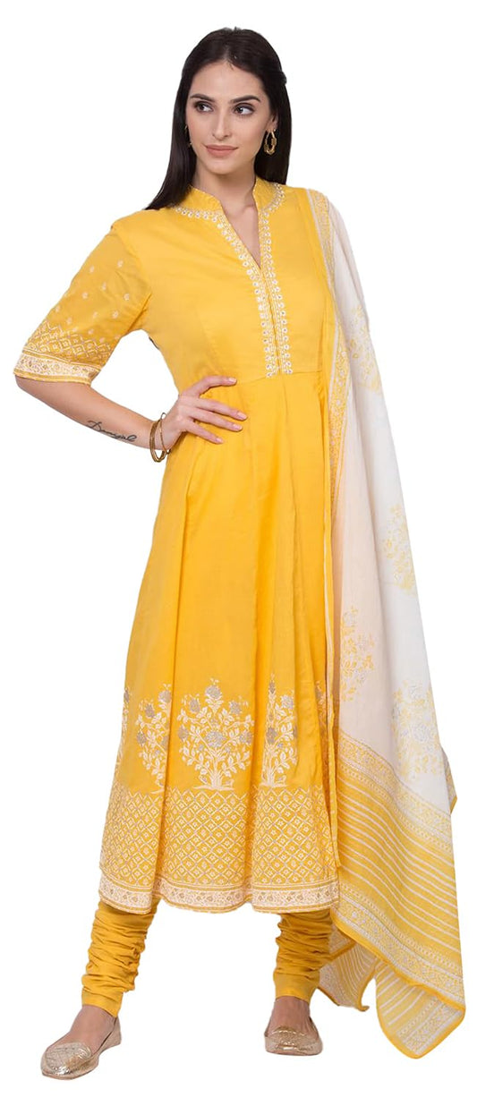 BIBA WOMEN PRINTED FITTED SALWAR KURTA DUPATTA(SKDASSORTED5919E_YELLOW_36)