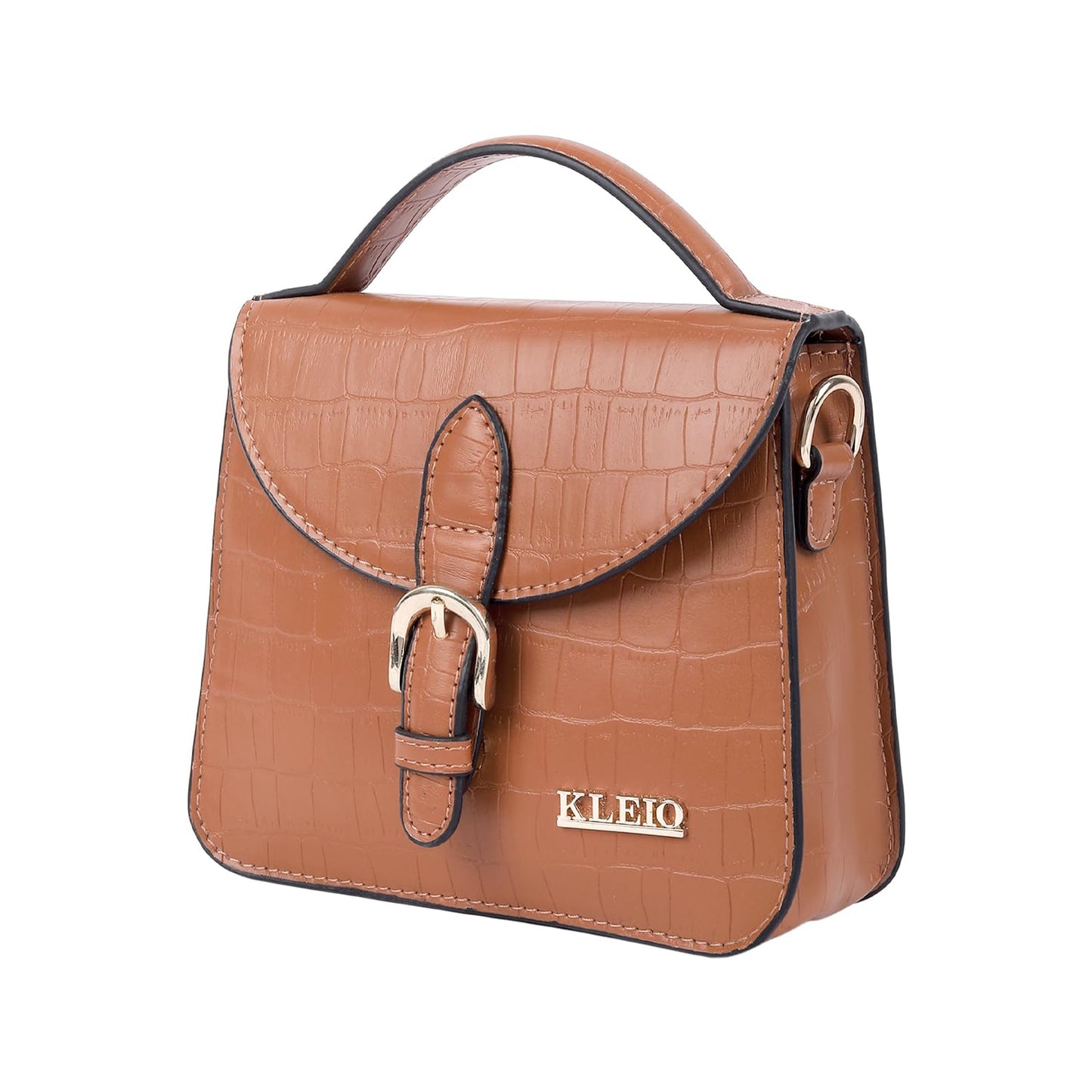 KLEIO Croco Textured Mini Top Handle Handbag (Tan)