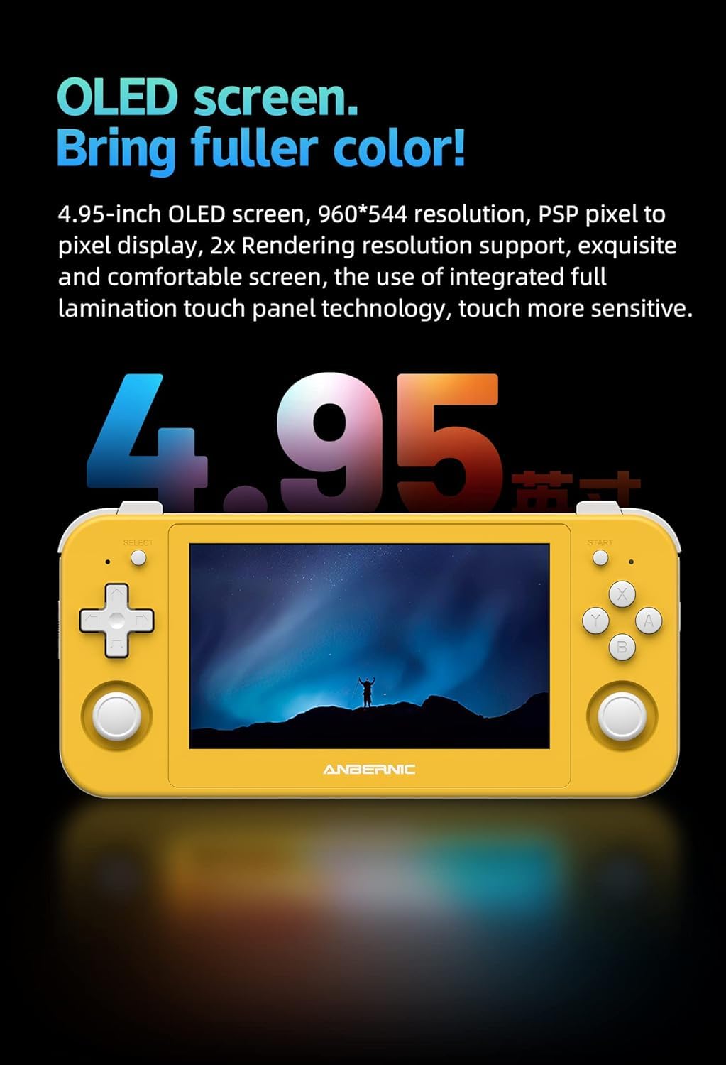 New World Anber-nic RG505 Android 12 Portable Game Console, Unisoc Tiger T618, 128GB Support 3172 Games, Gyro Sensor, 4.95" OLED Touchscreen, Support PS2 /PSP games Handheld Video game-Yellow