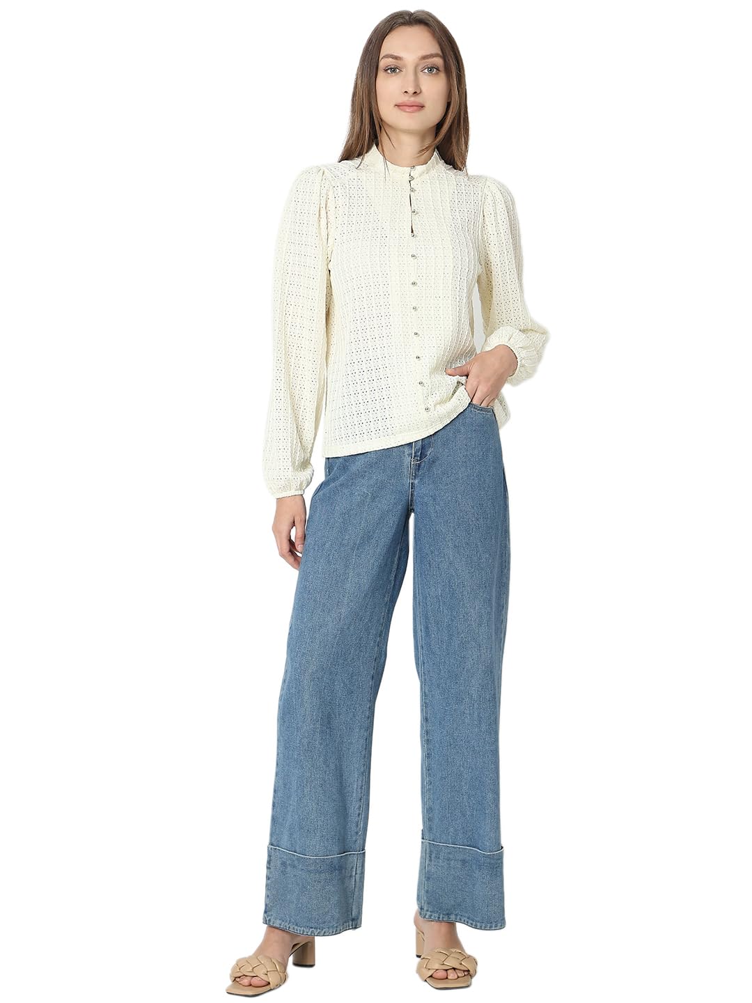 VERO MODA Women Self Design White Polyester Regular Fit Top