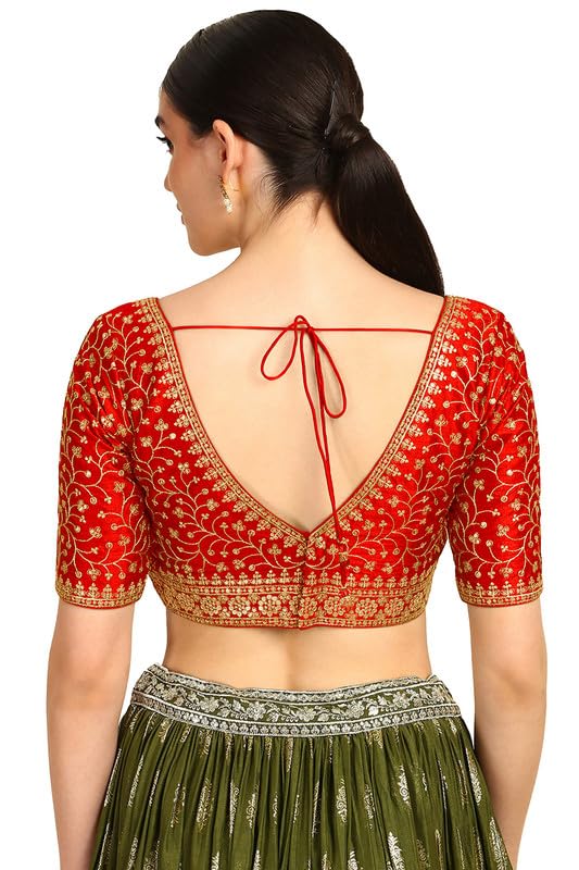 Soch Womens Red Zari Embroidery Padded Silk Blend Blouse with Sequins