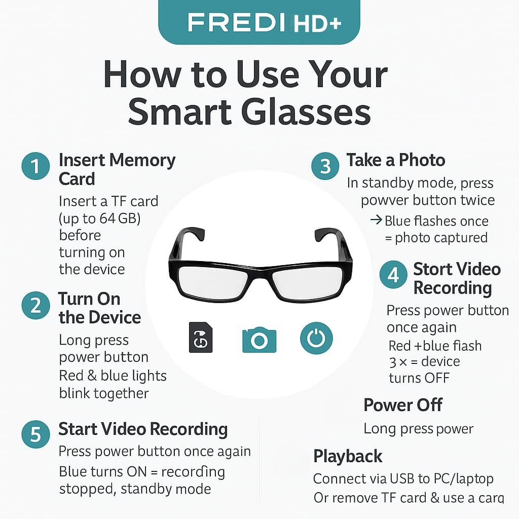 FREDI HD PLUS Smart Eyewear Camera with 1080p Video & Photo | Supports 64GB TF Card | USB Rechargeable Glasses Camera | Stylish Wearable for Office, Classroom, Outdoor & Travel Use