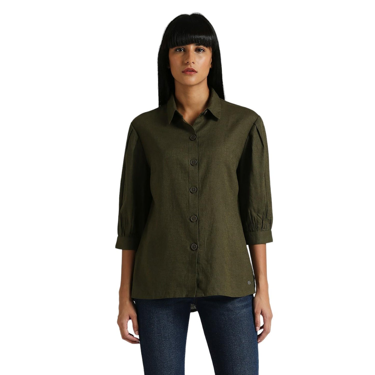 Pepe Jeans Women's Solid Relaxed Fit Shirt (PL304917_Olive Green