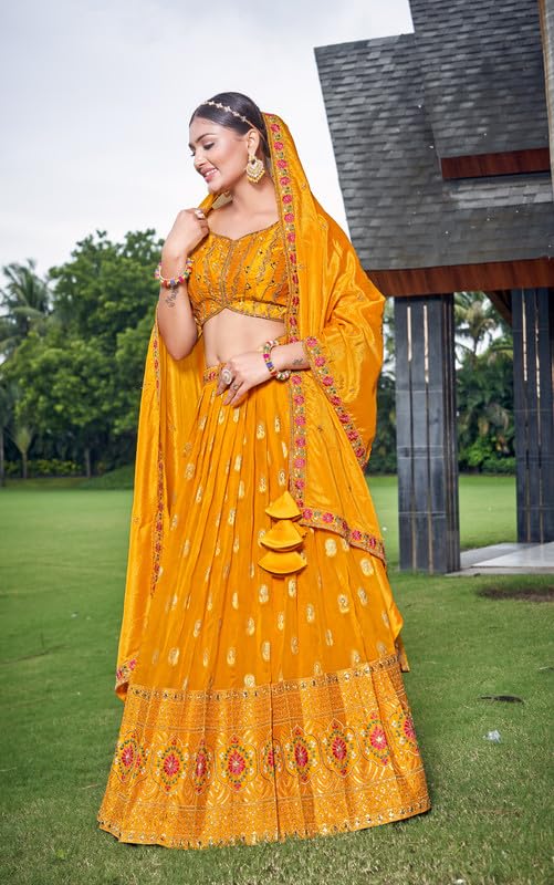 Samprag Silk Lehenga Choli Set for Womens | Sleevless | Sweetheart Neck |Ideal for Wedding & Party Occassions | Yellow | M