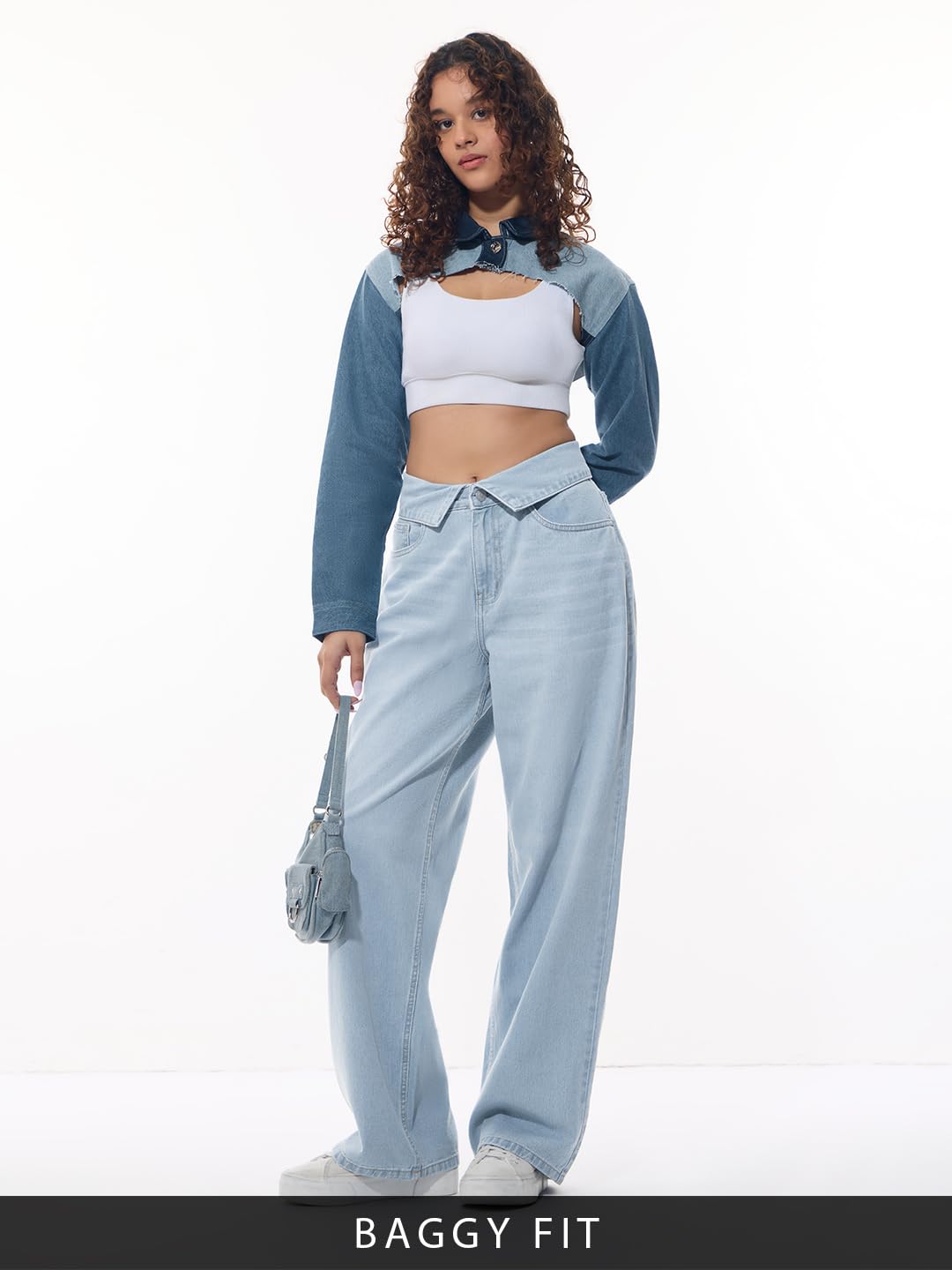 The Souled Store Baggy-Fit Denim: Cloudy Women and Girls Buttoned Waistband Light Blue Washed Cotton Denim Baggy Fit Asymmetric Crossover Waistband Lightweight Everyday Jeans