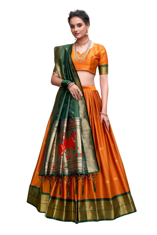 NONITA FASHION Orange Paithani Silk Lehenga Choli with Rich Zari Work (Orange, Large)