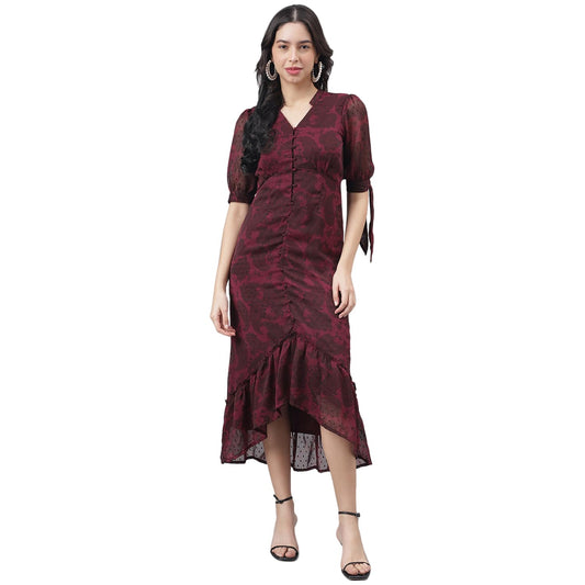 Latin Quarters Women Maroon Half Sleeve V-Neck High Low Dress_L