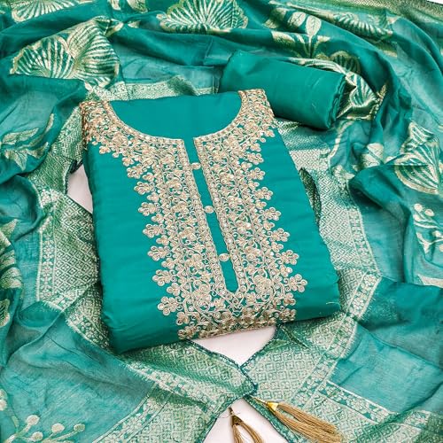 Leeli Peeri Designer Women's Roman Silk Embroidery Work Unstitched Salwar Suit Dress Material