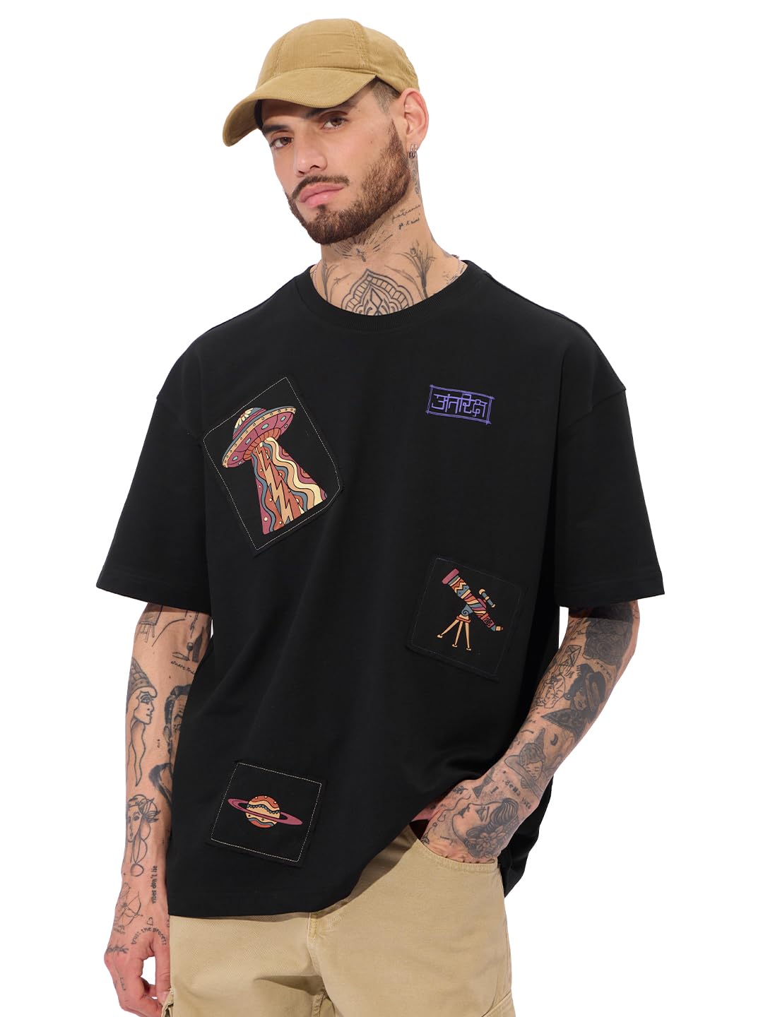 The Souled Store Antariksh Oversized T-Shirt for Men Boys Cotton Casual Half Sleeves Baggy Loose Fit Drop Shoulder Round Neck Black