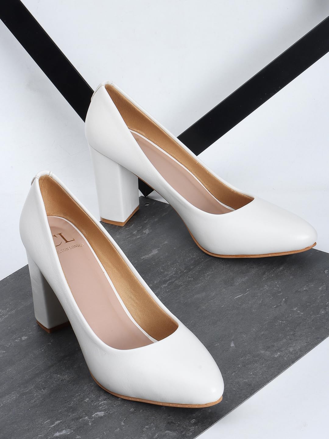 Carlton London Women White Stylish Slip-on Pump Shoes with Block Heels, Pointed Toe for Party and Formal Occasions (39)