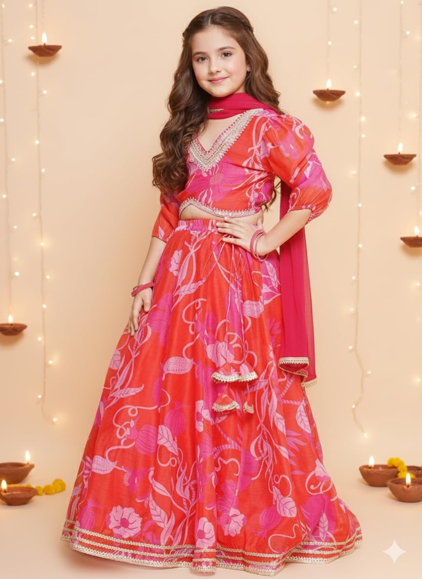 Naixa Girls Red Chanderi V Neck 3/4 Sleeve Floral Printed Choli and Lehenga with Dupatta Set | Latest Floral Designer Printed Lehenga Choli Set for Girls (SE09_11-12 Year)