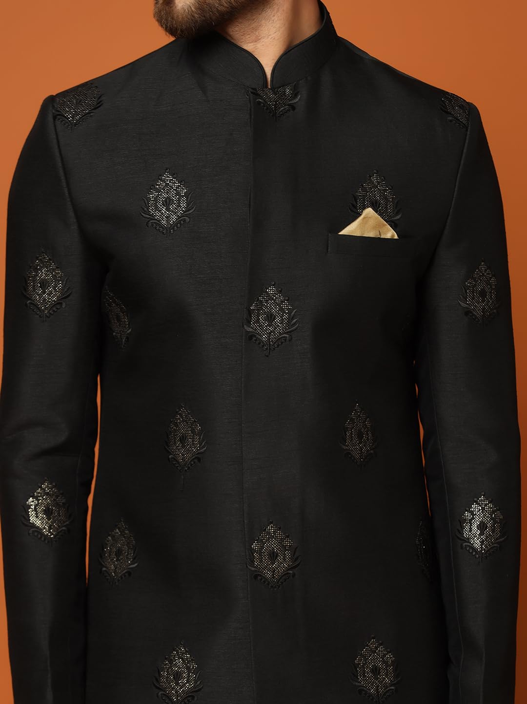 KISAH Men's Sherwani Dhoti Set, Silk Blend Full Sleaves, Knee Length, Straight, Regular Fit, Mandarin Collar Ethnic wear, 40 Black