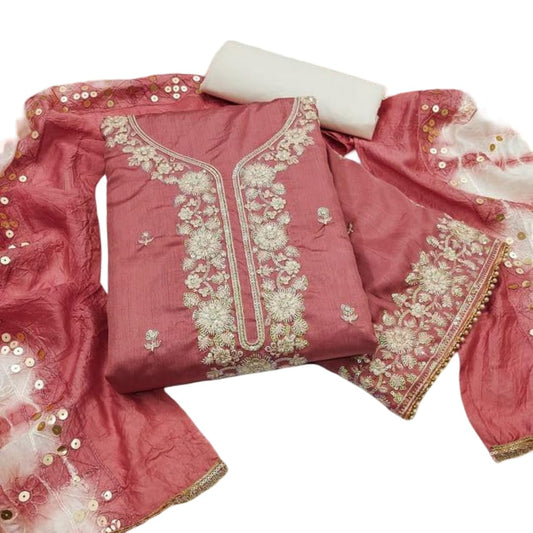 VARNI FABRICS Coco Silk Dress Material for Women Embroidered Unstitched Woman Salwar Suit Dress Material With Cotton Dupatta Rose Pink