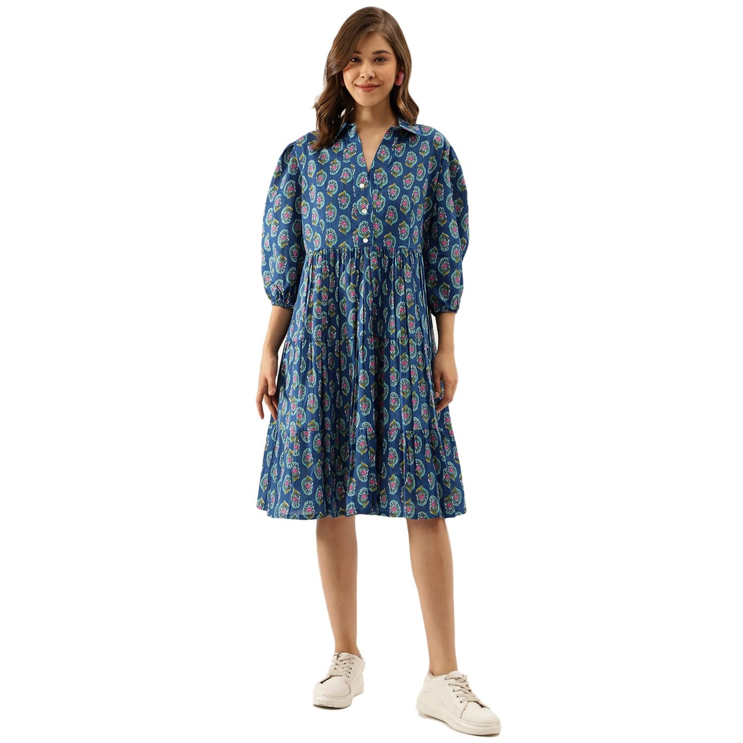 Divena Women's Cotton Fit and Flare Midi Dress (Model_Number#1.Value_Blue