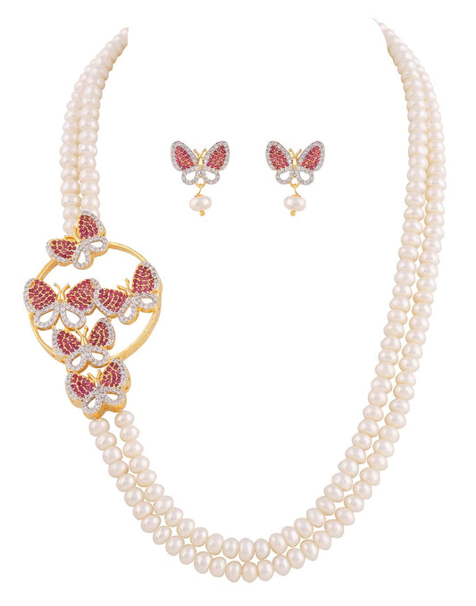 Natural Fresh Water Pearls Peacock Design Side Piece Necklace Set For Women Girls (Red)